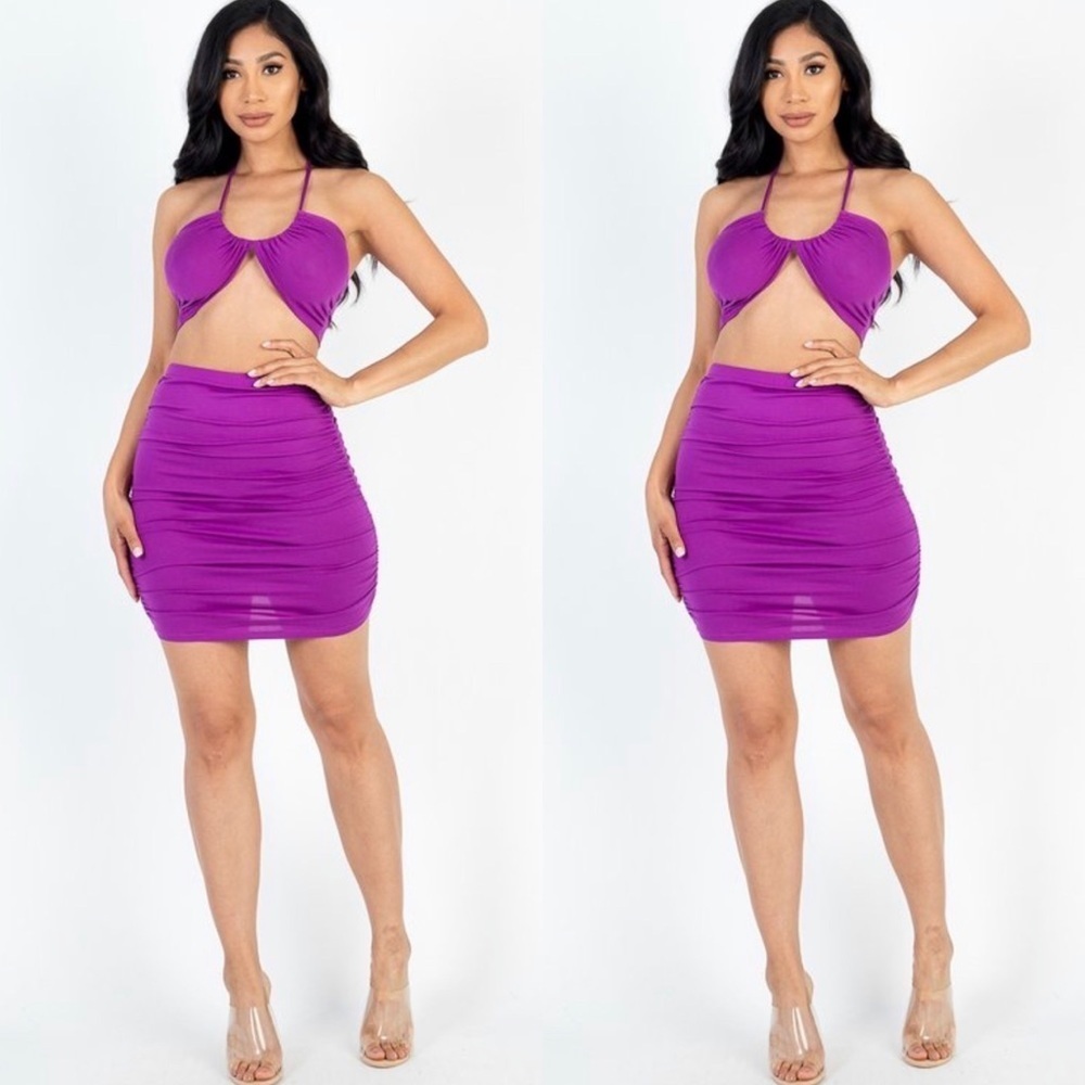 Women’s Purple Crisscross Halter Top & Ruched Mini Skirt Set